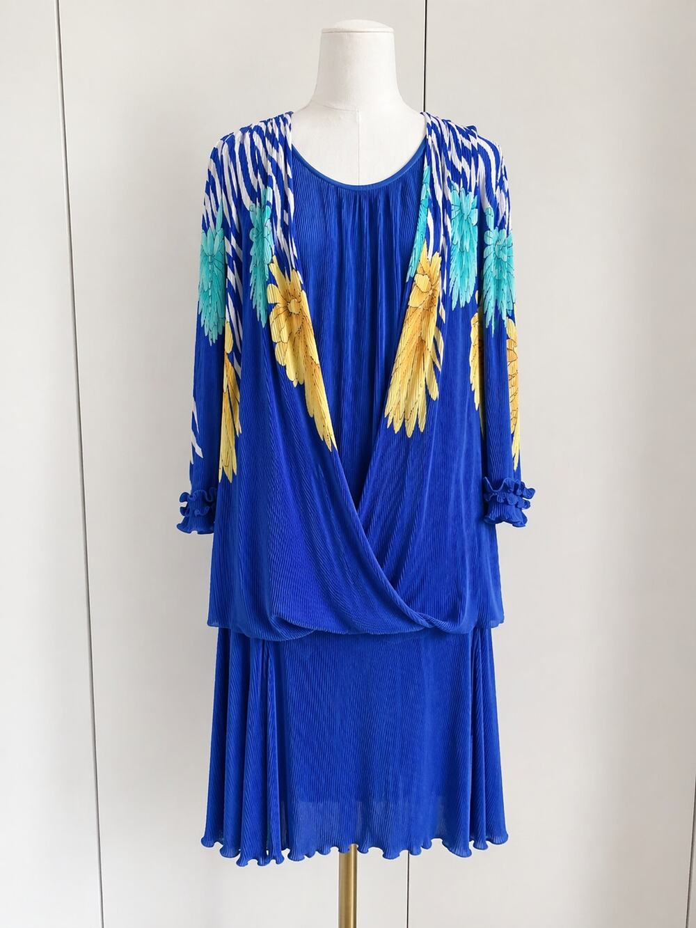 VTG 90s Virginie Paris Dress Floral Print Micro Print Blue Size XL Midi